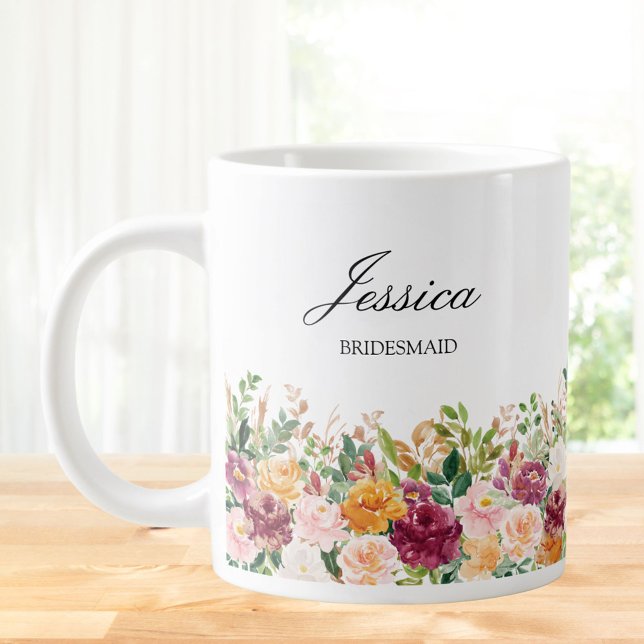 Elegant Monogram Vattenfärg Ros Blomma Brudtjänste Jumbo Mugg (In situ)