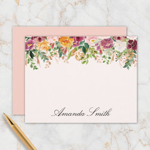 Elegant Monogram Vattenfärg Ros Blomsterträdgård Anteckningskort