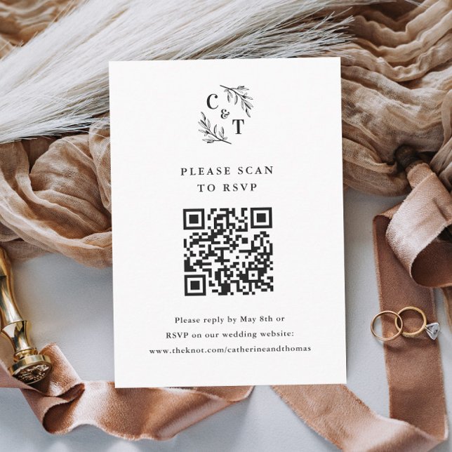 Elegant Monogram Växter Blad Bröllops QR-kod OSA Kort (Elegant Wedding Monogram Black and White Wedding Invitation RSVP Enclosure Card.)