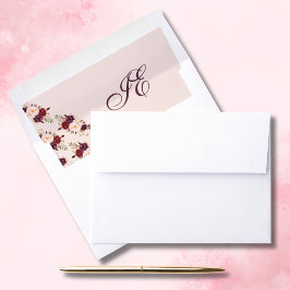 Elegant monogram vinröd rosabrun bröllopsinbjudan