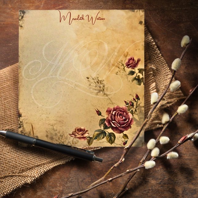 Elegant Monogram Vintage Pappers Blommig Ros Anteckningsblock (Skapare uppladdad)