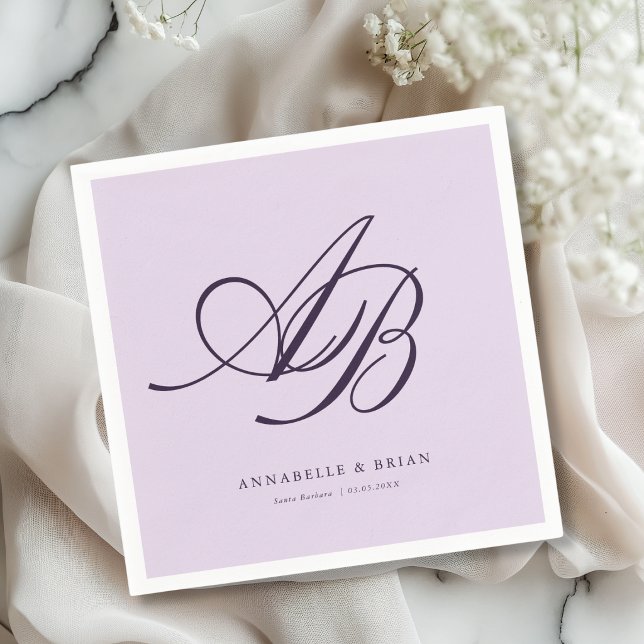 Elegant Monogram Violett Bröllop  Pappersservett (Elegant Monogram Violet Purple Wedding Napkins)