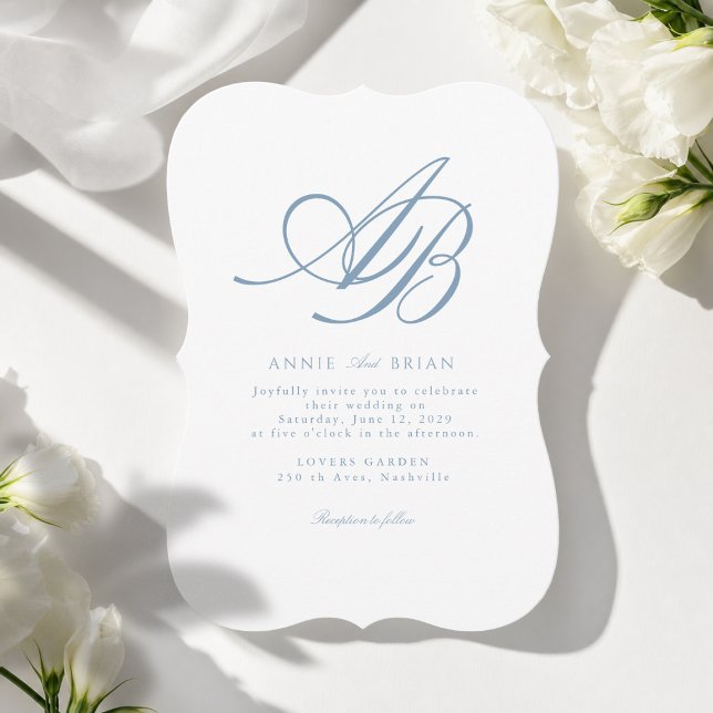 Elegant Monogram Vit Blå Bröllop Inbjudningar (Elegant Monogram Blue White Wedding Invitation)