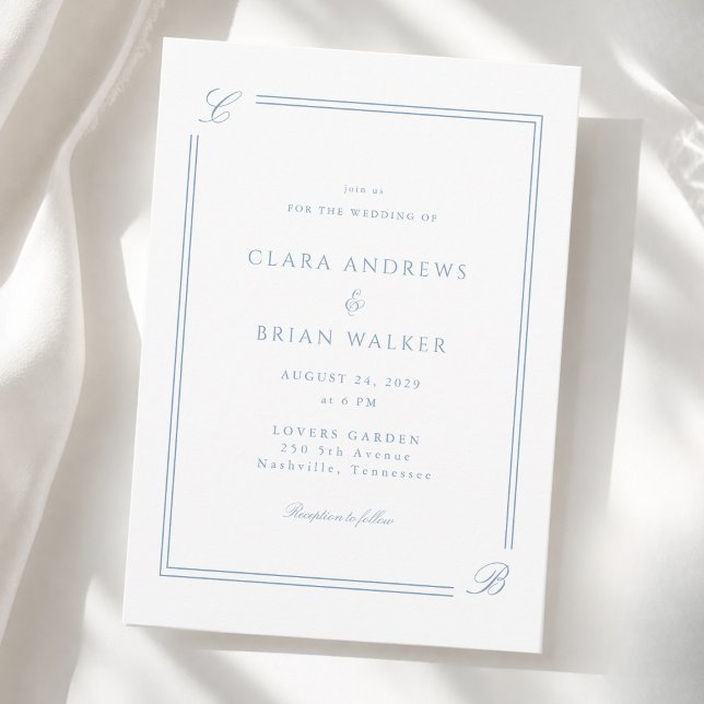 Elegant Monogram Vit Blå Kant Bröllop Inbjudningar (Elegant Monogram White Blue Border Wedding Invitation)