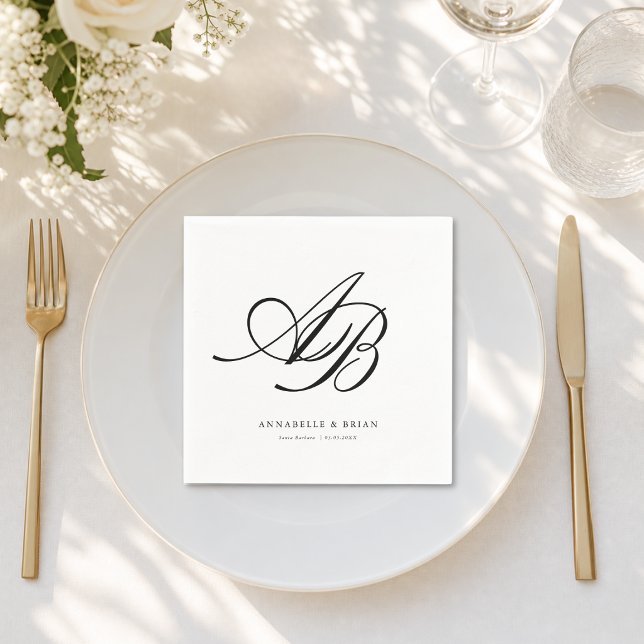 Elegant Monogram Vit Bröllop  Pappersservett (Elegant Monogram White Wedding Napkins)