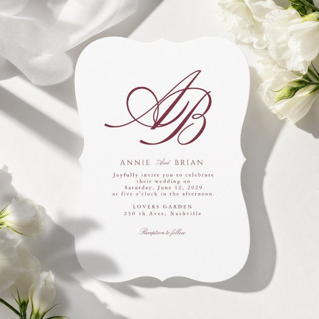 Elegant Monogram Vit Burgunder Bröllop Inbjudningar (Elegant Monogram White Burgundy Wedding Invitation)