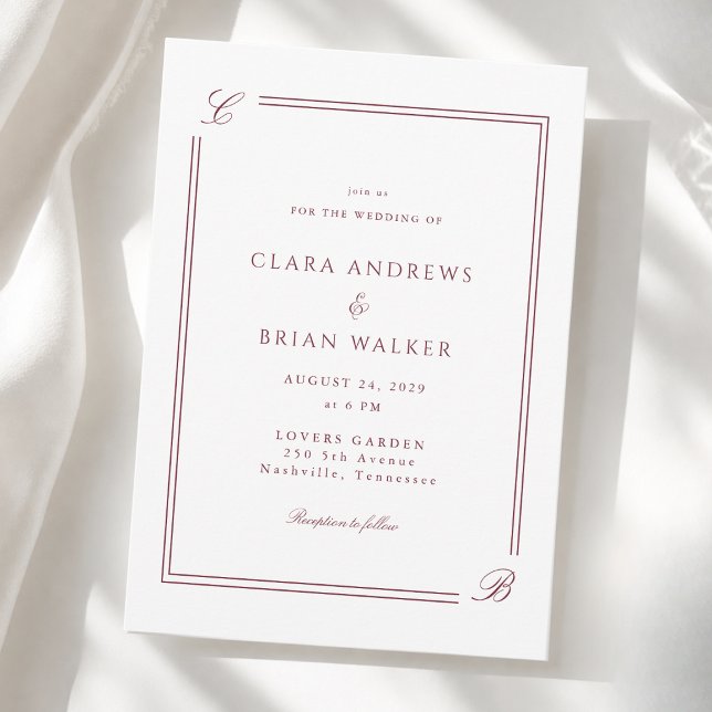 Elegant Monogram Vit Burgunder Bröllop Inbjudningar (Elegant Monogram White Burgundy Border Wedding Invitation)