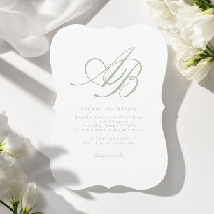 Elegant Monogram Vit Grön Bröllop Inbjudningar