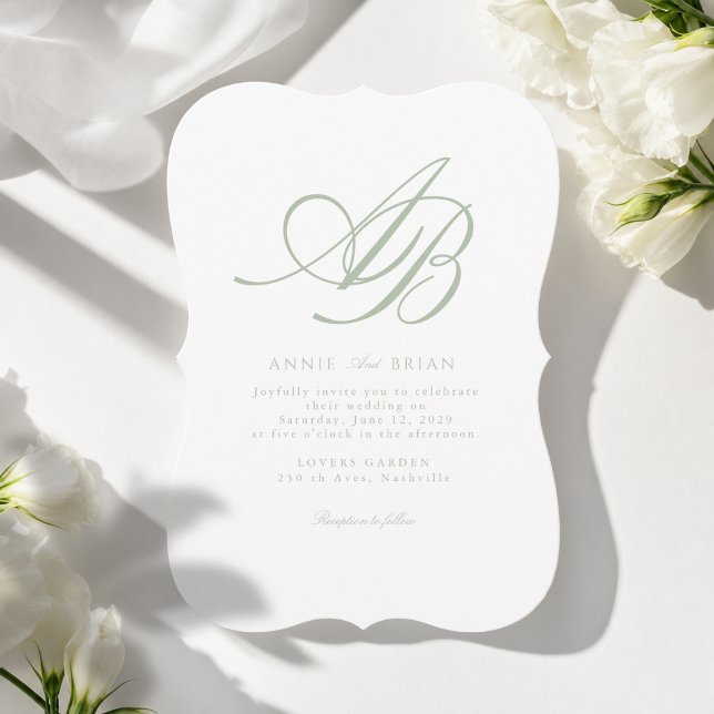 Elegant Monogram Vit Grön Bröllop Inbjudningar (Elegant Monogram White  Sage Green Wedding Invitation)