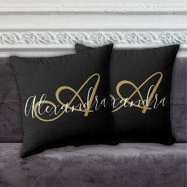 Elegant Monogram Vit Guld-skript Namn Black Kudde