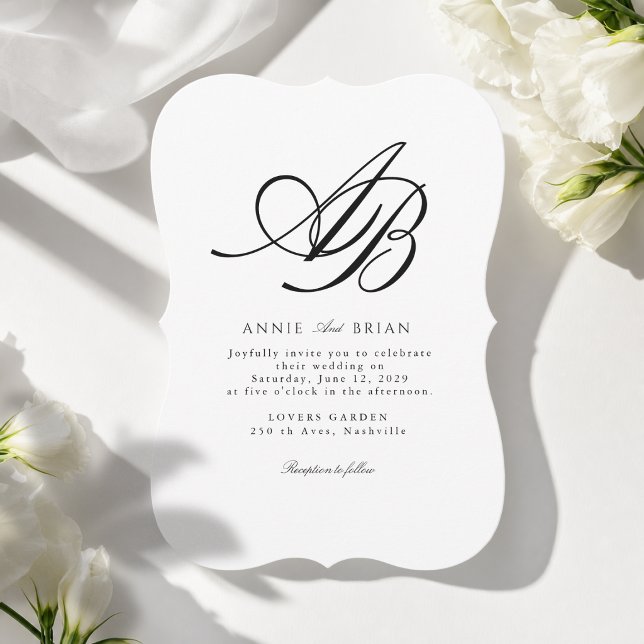 Elegant Monogram Vit Svart Bröllop Inbjudningar (Elegant Monogram White Black Wedding Invitation)