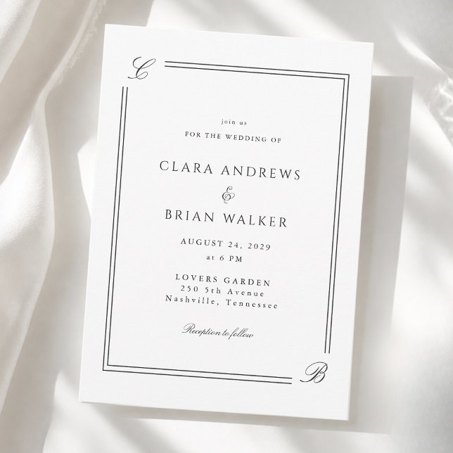 Elegant Monogram Vit Svart Kant Bröllop Inbjudningar (Elegant Monogram White Black Border Wedding Invitation)