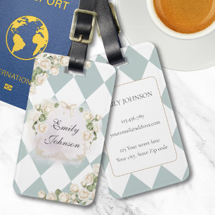 Elegant Monogram Vita Rosor Gröna Blad Diamant Bagagebricka
