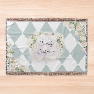 Elegant Monogram Vita Rosor Gröna Blad Diamant Filt