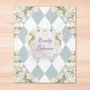 Elegant Monogram Vita Rosor Gröna Blad Diamant Fleecefilt