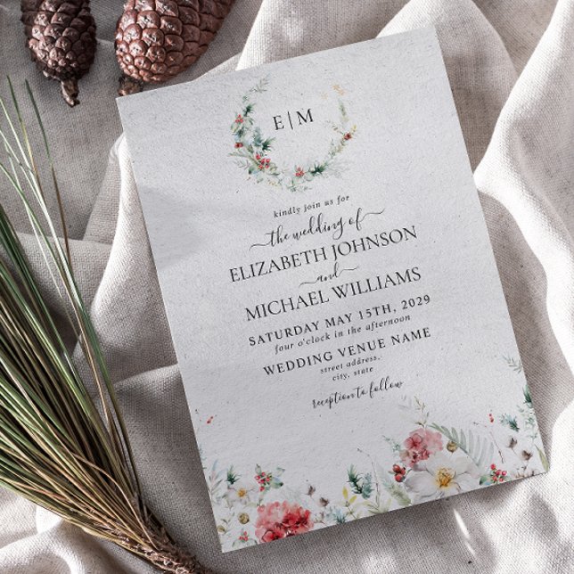 Elegant Monogram Watercolor Blommigt Winter Weddin Inbjudningar (Winter Wedding Invitation)