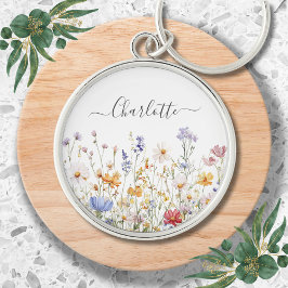 Elegant Monogram Watercolor Colorful Wildflower Rund Silverfärgad Nyckelring