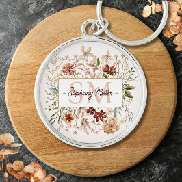 Elegant Monogram Watercolor Fall Wildflower Floral Rund Silverfärgad Nyckelring