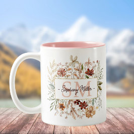 Elegant Monogram Watercolor Fall Wildflower Floral Två-Tonad Mugg
