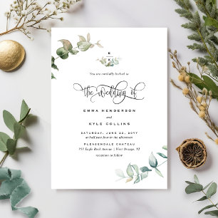 Elegant Monogram Watercolor Greenery Bröllop Inbjudningar