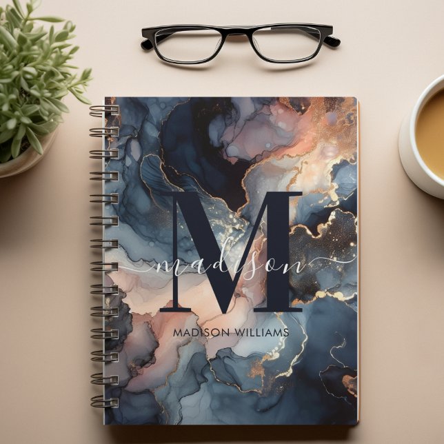 Elegant Monogram Watercolor Marble Rosa Blue Girly Anteckningsbok (Skapare uppladdad)