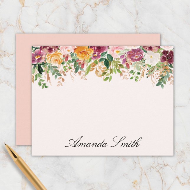 Elegant Monogram Watercolor Ro Blomsterträdgård Anteckningskort (In situ)