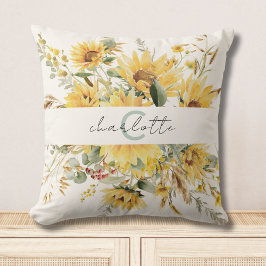 Elegant Monogram Watercolor Solros Bouquet Kudde