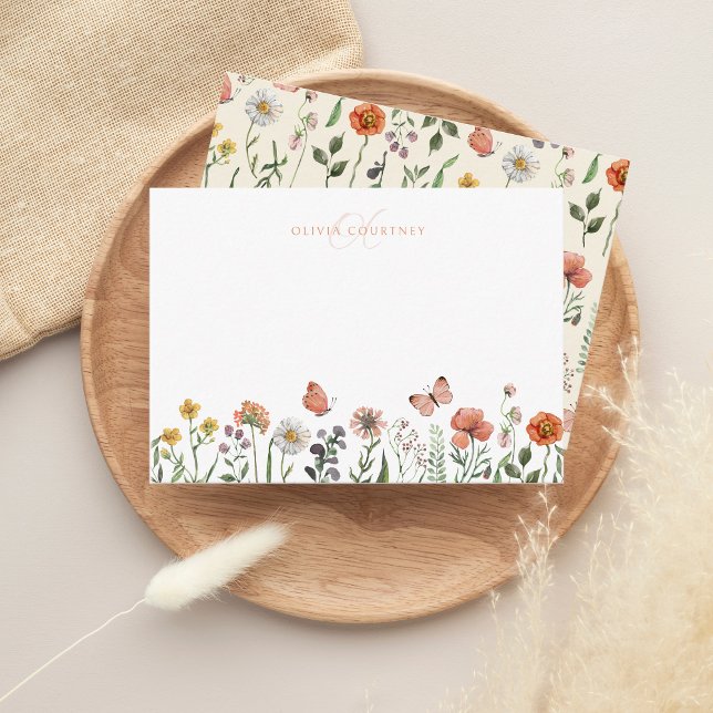 Elegant Monogram Watercolor WildblomBlommigt Anteckningskort (Skapare uppladdad)