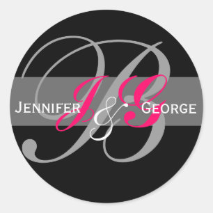 Elegant Monogram White Black Fuchsia Bröllop Seal Runt Klistermärke