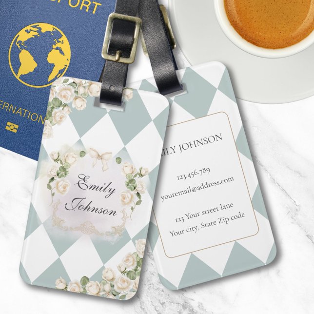 Elegant Monogram White Roses Green Leaves Diamond Bagagebricka (In situ)