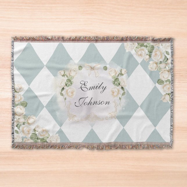 Elegant Monogram White Roses Green Leaves Diamond Filt (In situ)