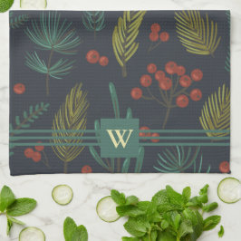 Elegant Monogram Winter Botanical Kökshandduk