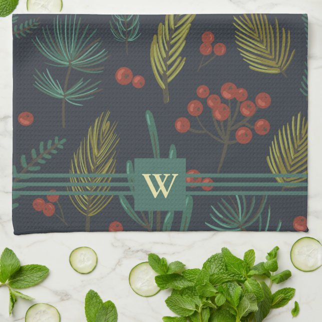 Elegant Monogram Winter Botanical Kökshandduk (Vikta)