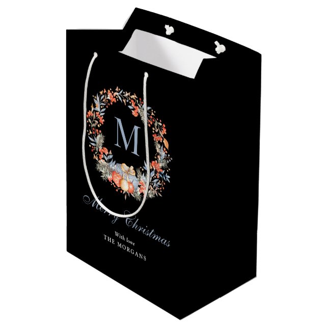 Elegant Monogram Wreath Chic Black Christmas (Baksidan Vinklad)