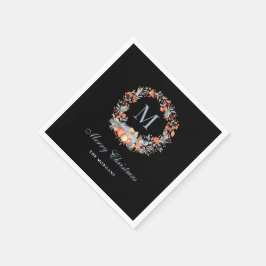 Elegant Monogram Wreath Chic Black Christmas Party Pappersservett