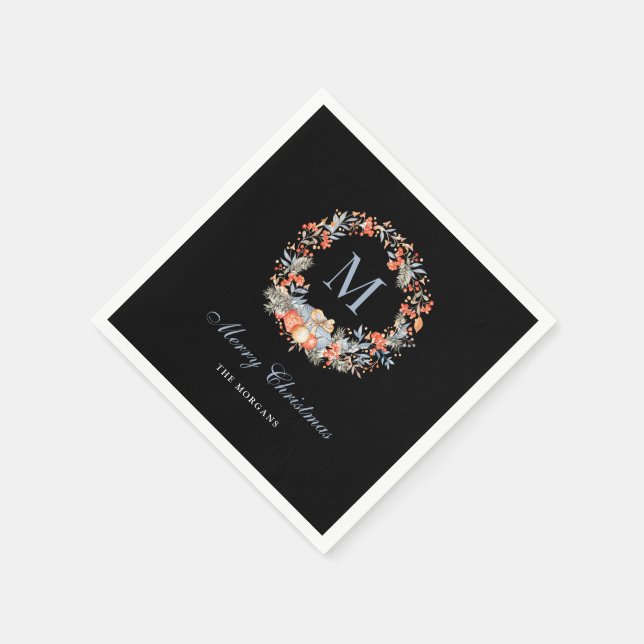 Elegant Monogram Wreath Chic Black Christmas Party Pappersservett (Hörn)