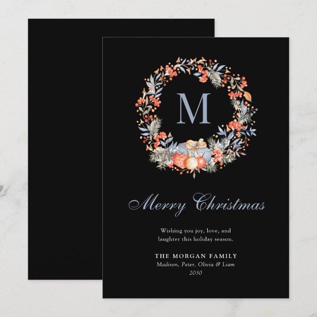 Elegant Monogram Wreath Dusty Blue Modern Julkort (Fram/baksida)