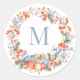 Elegant Monogram Wreath Dusty Blue Modern Runt Klistermärke