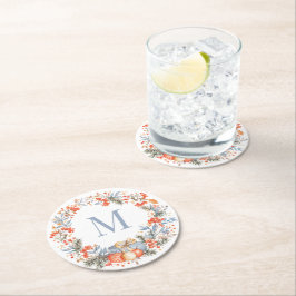 Elegant Monogram Wreath Dusty Blue Modern Underlägg Papper Rund