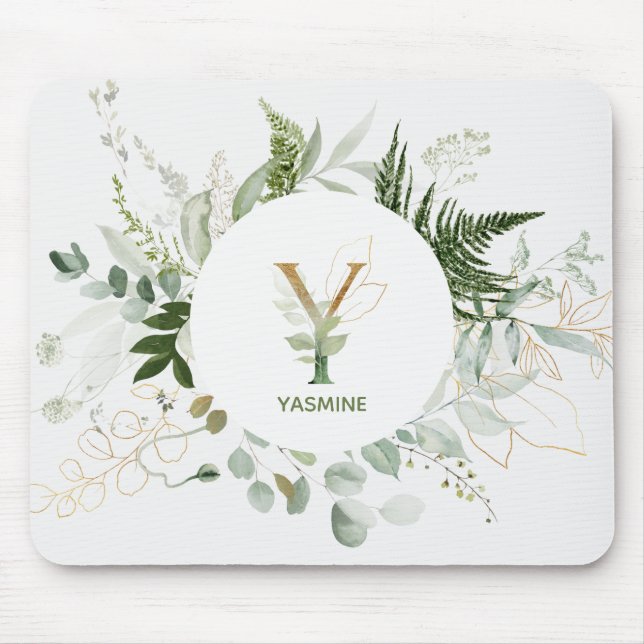 Elegant Monogram Y Greenery Wand Mouse Pad Musmatta (Framsidan)