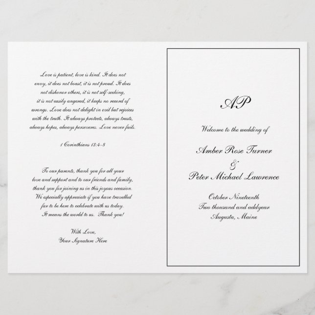 Elegant monogramformell vikt bröllopsprogram (Framsida)