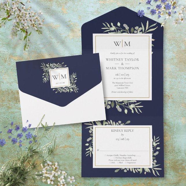 Elegant Monogramgrönska Navyblå Bröllopsinbjudan (Elegant Monogram Greenery Navy Blue Wedding All In One Invitation)
