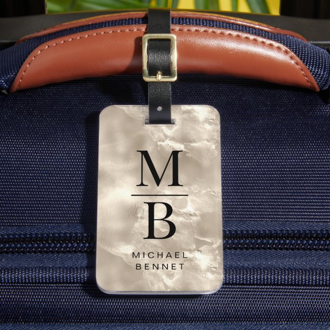 Elegant monogramiserad elfenbenspärltextur bagagebricka (Framsida Insitu 2)