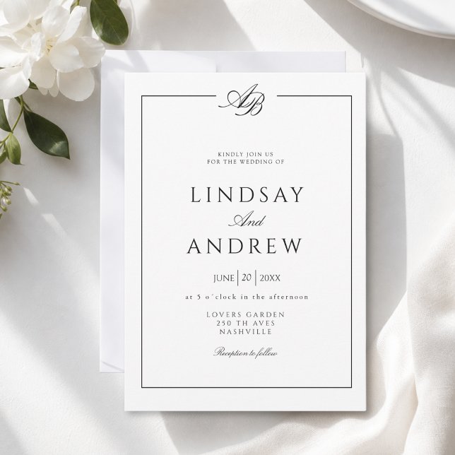 Elegant Monogramkant Vit Bröllop Inbjudningar (Elegant Monogram Border White Wedding Invitation)
