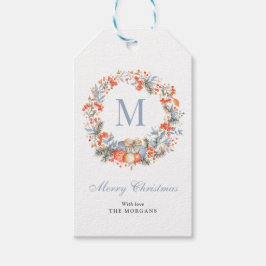Elegant monogramkrans i dammig blå jul presentetikett