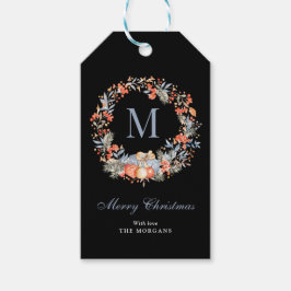 Elegant monogramkrans i dammig blå jul presentetikett