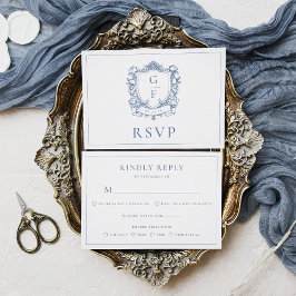 Elegant monogramkrönika franska rosor blå bröllop OSA kort