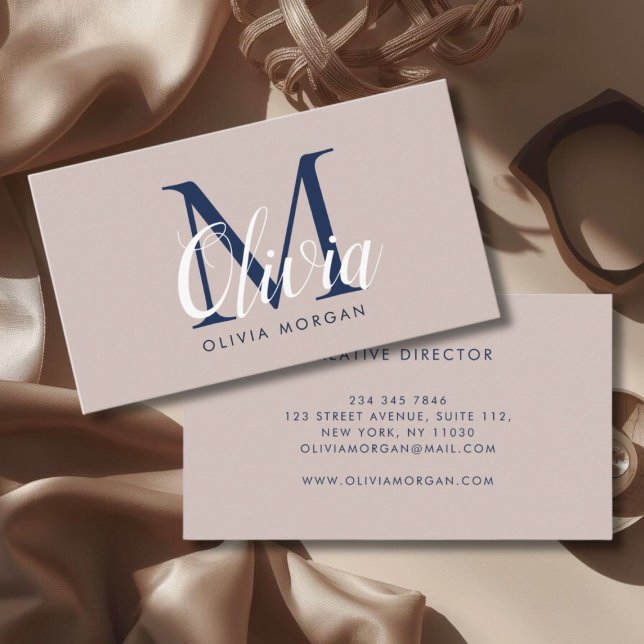 Elegant monogramlogotyp beige blå professionell visitkort (Skapare uppladdad)
