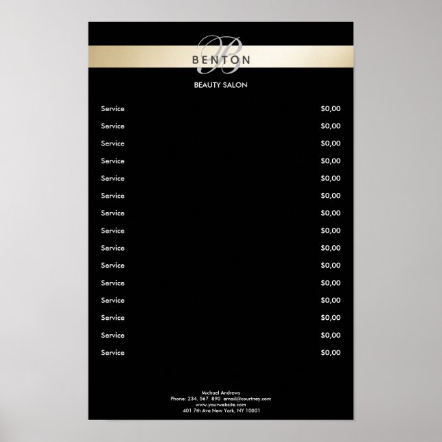 Elegant Monogramm Black Guld Pricelist Poster (Framsidan)