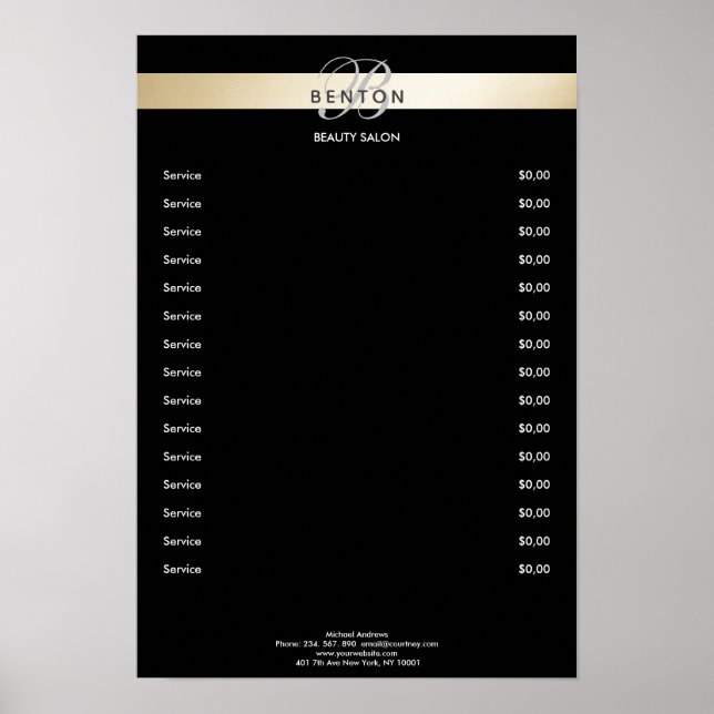 Elegant Monogramm Black Guld Pricelist Poster (Framsidan)